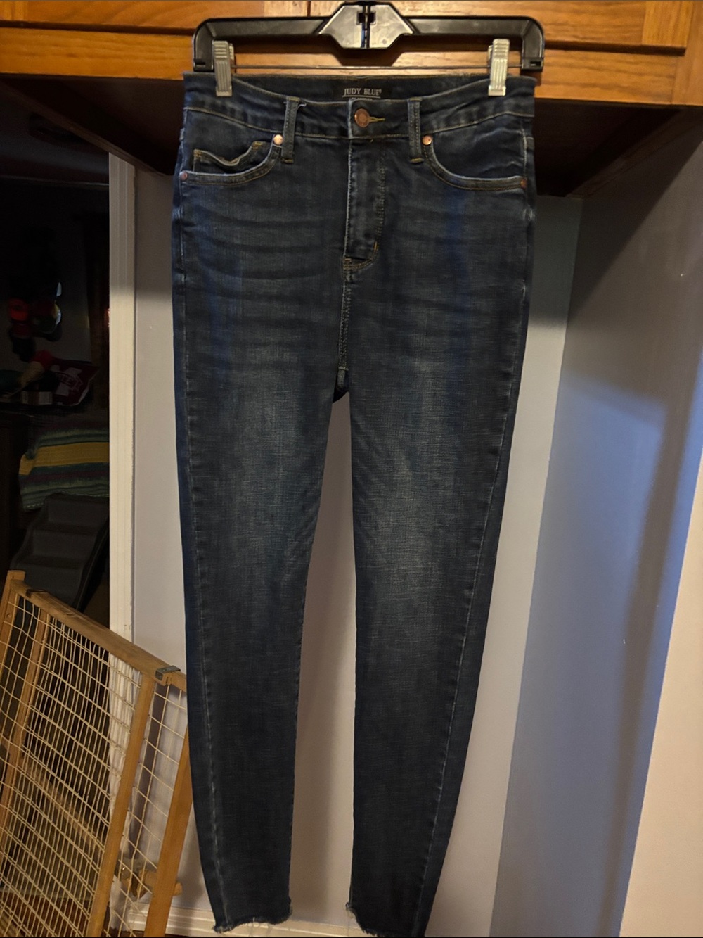 Judy Blue Deep Indigo High-Rise Skinny Jeans with Raw Hem. Size 7/28